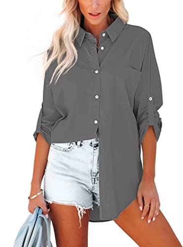 Homlan Bluse Damen Baumwolle Langarm Roll Up Elegant Oberteile Lässige Hemden Knöpfleiste Einfarbig Langarmshirt Tunika Hemdbluse Mit Brusttaschen (Medium, Dunkelgrau) von Homlan