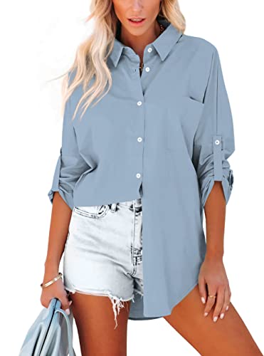 Homlan Bluse Damen Baumwolle Langarm Roll Up Elegant Oberteile Lässige Hemden Knöpfleiste Einfarbig Langarmshirt Tunika Hemdbluse Mit Brusttaschen (Medium, Grau) von Homlan