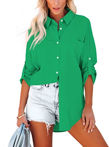 Homlan Bluse Damen Baumwolle Langarm Roll Up Elegant Oberteile Lässige Hemden Knöpfleiste Einfarbig Langarmshirt Tunika Hemdbluse Mit Brusttaschen (Medium, Grün) von Homlan