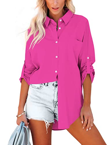 Homlan Bluse Damen Baumwolle Langarm Roll Up Elegant Oberteile Lässige Hemden Knöpfleiste Einfarbig Langarmshirt Tunika Hemdbluse Mit Brusttaschen (Medium, Rosarot) von Homlan