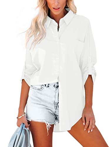 Homlan Bluse Damen Baumwolle Langarm Roll Up Elegant Oberteile Lässige Hemden Knöpfleiste Einfarbig Langarmshirt Tunika Hemdbluse Mit Brusttaschen (Medium, Weiß) von Homlan