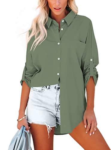 Homlan Bluse Damen Baumwolle Langarm Roll Up Elegant Oberteile Lässige Hemden Knöpfleiste Einfarbig Langarmshirt Tunika Hemdbluse Mit Brusttaschen (Small, Armeegrün) von Homlan