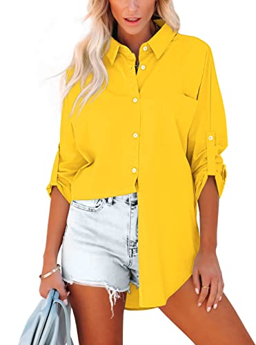 Homlan Bluse Damen Baumwolle Langarm Roll Up Elegant Oberteile Lässige Hemden Knöpfleiste Einfarbig Langarmshirt Tunika Hemdbluse Mit Brusttaschen (Small, Gelb) von Homlan