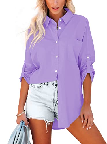 Homlan Bluse Damen Baumwolle Langarm Roll Up Elegant Oberteile Lässige Hemden Knöpfleiste Einfarbig Langarmshirt Tunika Hemdbluse Mit Brusttaschen (Small, Hellviolett) von Homlan