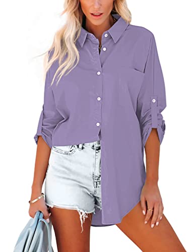 Homlan Bluse Damen Baumwolle Langarm Roll Up Elegant Oberteile Lässige Hemden Knöpfleiste Einfarbig Langarmshirt Tunika Hemdbluse Mit Brusttaschen (Small, Violett) von Homlan