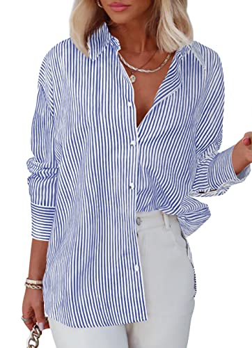 Homlan Bluse Damen Langarm Streifen Business Casual Oberteil V-Ausschnitt Arbeit Hemd Locker Knöpfleiste Hemdbluse (8230Large, Blau) von Homlan