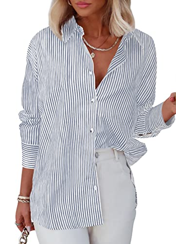 Homlan Bluse Damen Langarm Streifen Business Casual Oberteil V-Ausschnitt Arbeit Hemd Locker Knöpfleiste Hemdbluse (8230Large, Grau) von Homlan