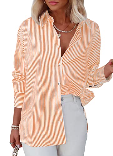 Homlan Bluse Damen Langarm Streifen Business Casual Oberteil V-Ausschnitt Arbeit Hemd Locker Knöpfleiste Hemdbluse (8230Large, Orange) von Homlan