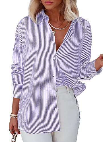 Homlan Bluse Damen Langarm Streifen Business Casual Oberteil V-Ausschnitt Arbeit Hemd Locker Knöpfleiste Hemdbluse (8230Large, Violett) von Homlan