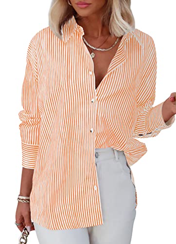 Homlan Bluse Damen Langarm Streifen Business Casual Oberteil V-Ausschnitt Arbeit Hemd Locker Knöpfleiste Hemdbluse (8230Small, Orange) von Homlan