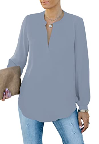 Homlan Damen Bluse Elegant V Ausschnitt Langarm Arbeit Oberteile Casual Tunika Henley Langarmshirt Einfarbig Lose Hemdbluse (8229Large, Grau) von Homlan