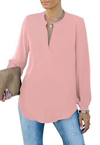 Homlan Damen Bluse Elegant V Ausschnitt Langarm Arbeit Oberteile Casual Tunika Henley Langarmshirt Einfarbig Lose Hemdbluse (8229Large, Rosa) von Homlan