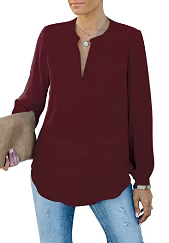 Homlan Damen Bluse Elegant V Ausschnitt Langarm Arbeit Oberteile Casual Tunika Henley Langarmshirt Einfarbig Lose Hemdbluse (8229Large, Rotwein) von Homlan