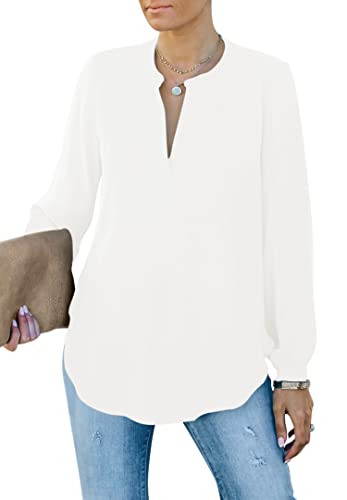 Homlan Damen Bluse Elegant V Ausschnitt Langarm Arbeit Oberteile Casual Tunika Henley Langarmshirt Einfarbig Lose Hemdbluse (8229Large, Weiß) von Homlan