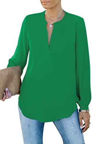 Homlan Damen Bluse Elegant V Ausschnitt Langarm Arbeit Oberteile Casual Tunika Henley Langarmshirt Einfarbig Lose Hemdbluse (8229Medium, Grün) von Homlan