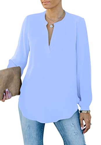 Homlan Damen Bluse Elegant V Ausschnitt Langarm Arbeit Oberteile Casual Tunika Henley Langarmshirt Einfarbig Lose Hemdbluse (8229Medium, Hellblau) von Homlan