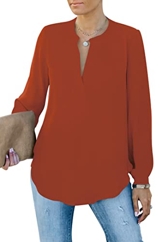 Homlan Damen Bluse Elegant V Ausschnitt Langarm Arbeit Oberteile Casual Tunika Henley Langarmshirt Einfarbig Lose Hemdbluse (8229Small, Orange) von Homlan