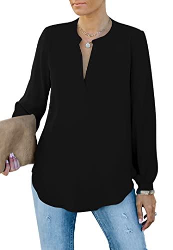 Homlan Damen Bluse Elegant V Ausschnitt Langarm Arbeit Oberteile Casual Tunika Henley Langarmshirt Einfarbig Lose Hemdbluse (8229Small, Schwarz) von Homlan