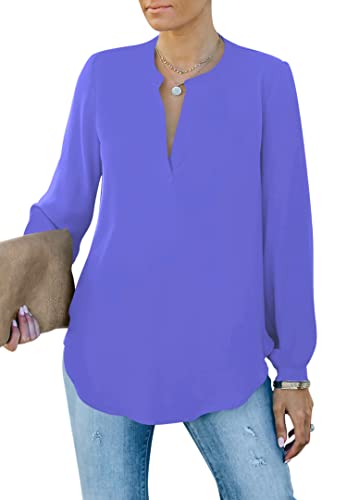 Homlan Damen Bluse Elegant V Ausschnitt Langarm Arbeit Oberteile Casual Tunika Henley Langarmshirt Einfarbig Lose Hemdbluse (8229Small, Violettblau) von Homlan