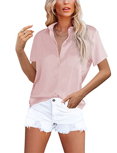 Homlan Damen Bluse Elegant V-Ausschnitt Satin Kurzarm Casual Oberteile Locker Hemd Einfarbig Lose Kurzarmshirt Mit Brusttasche (8228Large, Rosa) von Homlan