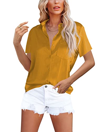 Homlan Damen Bluse Elegant V-Ausschnitt Satin Kurzarm Casual Oberteile Locker Hemd Einfarbig Lose Kurzarmshirt Mit Brusttasche (8228Medium, Gelb) von Homlan