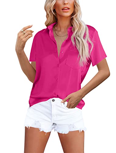 Homlan Damen Bluse Elegant V-Ausschnitt Satin Kurzarm Casual Oberteile Locker Hemd Einfarbig Lose Kurzarmshirt Mit Brusttasche (8228Medium, Rosarot) von Homlan