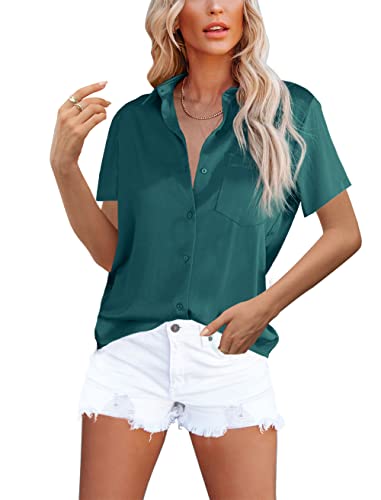 Homlan Damen Bluse Elegant V-Ausschnitt Satin Kurzarm Casual Oberteile Locker Hemd Einfarbig Lose Kurzarmshirt Mit Brusttasche (8228Small, Dunkelgrün) von Homlan