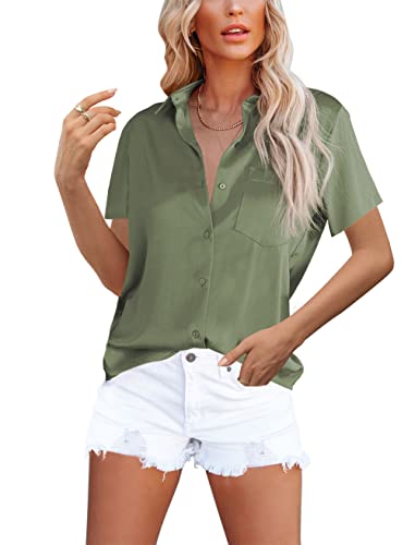 Homlan Damen Bluse Elegant V-Ausschnitt Satin Kurzarm Casual Oberteile Locker Hemd Einfarbig Lose Kurzarmshirt Mit Brusttasche (8228X-Large, Armeegrün) von Homlan