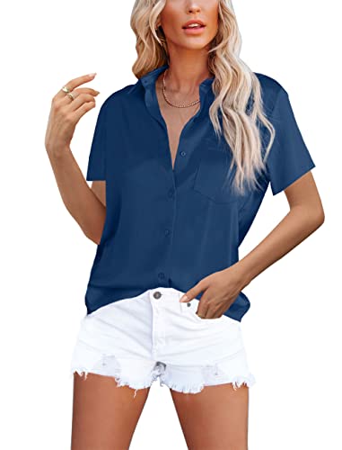 Homlan Damen Bluse Elegant V-Ausschnitt Satin Kurzarm Casual Oberteile Locker Hemd Einfarbig Lose Kurzarmshirt Mit Brusttasche (8228X-Large, Blau) von Homlan