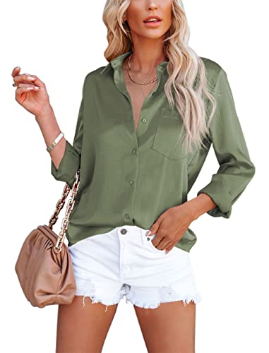 Homlan Damen Bluse Elegant V-Ausschnitt Satin Langarm Casual Oberteile Locker Hemd Einfarbig Lose Langarmshirt Mit Brusttasche (Large, Armeegrün) von Homlan