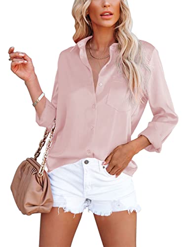 Homlan Damen Bluse Elegant V-Ausschnitt Satin Langarm Casual Oberteile Locker Hemd Einfarbig Lose Langarmshirt Mit Brusttasche (Large, Rosa) von Homlan