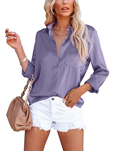 Homlan Damen Bluse Elegant V-Ausschnitt Satin Langarm Casual Oberteile Locker Hemd Einfarbig Lose Langarmshirt Mit Brusttasche (Large, Violett) von Homlan