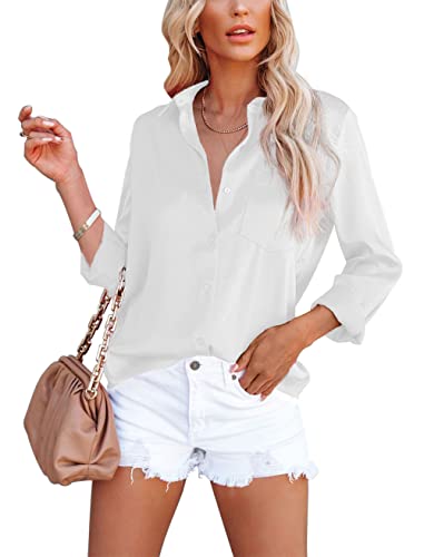 Homlan Damen Bluse Elegant V-Ausschnitt Satin Langarm Casual Oberteile Locker Hemd Einfarbig Lose Langarmshirt Mit Brusttasche (Large, Weiß) von Homlan