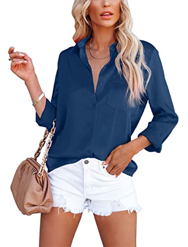 Homlan Damen Bluse Elegant V-Ausschnitt Satin Langarm Casual Oberteile Locker Hemd Einfarbig Lose Langarmshirt Mit Brusttasche (Medium, Blau) von Homlan