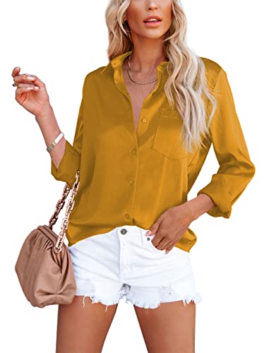 Homlan Damen Bluse Elegant V-Ausschnitt Satin Langarm Casual Oberteile Locker Hemd Einfarbig Lose Langarmshirt Mit Brusttasche (Medium, Gelb) von Homlan