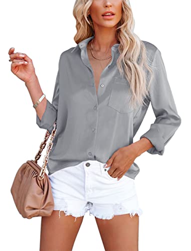 Homlan Damen Bluse Elegant V-Ausschnitt Satin Langarm Casual Oberteile Locker Hemd Einfarbig Lose Langarmshirt Mit Brusttasche (Medium, Grau) von Homlan