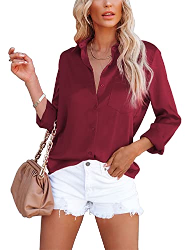 Homlan Damen Bluse Elegant V-Ausschnitt Satin Langarm Casual Oberteile Locker Hemd Einfarbig Lose Langarmshirt Mit Brusttasche (Medium, Rotwein) von Homlan