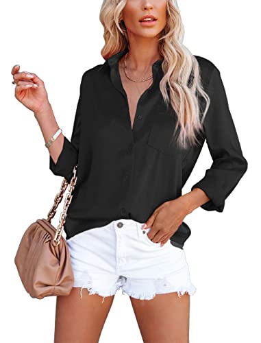 Homlan Damen Bluse Elegant V-Ausschnitt Satin Langarm Casual Oberteile Locker Hemd Einfarbig Lose Langarmshirt Mit Brusttasche (Small, Schwarz) von Homlan