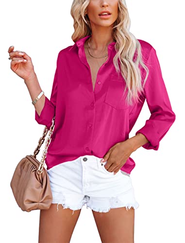 Homlan Damen Bluse Elegant V-Ausschnitt Satin Langarm Casual Oberteile Locker Hemd Einfarbig Lose Langarmshirt Mit Brusttasche (X-Large, Rosarot) von Homlan