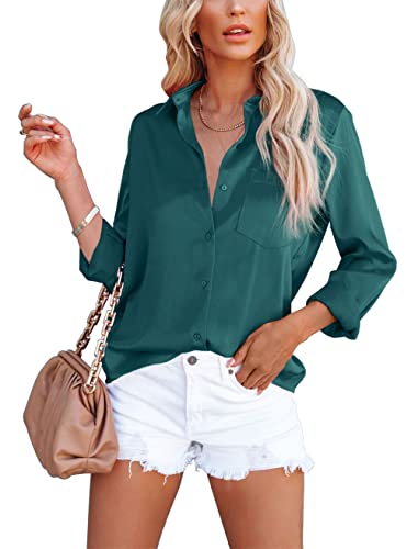 Homlan Damen Bluse Elegant V-Ausschnitt Satin Langarm Casual Oberteile Locker Hemd Einfarbig Lose Langarmshirt Mit Brusttasche (XX-Large, Dunkelgrün) von Homlan