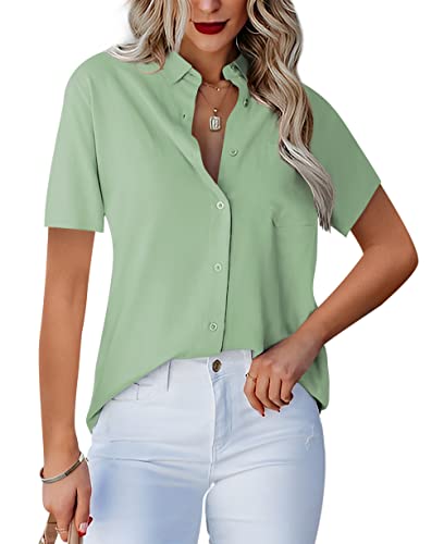 Homlan Damen Bluse V-Ausschnitt Hemd Kurzarm Elegant Lässige Oberteile Knopfleiste Hemdbluse Arbeit Einfarbig Kurzarm Shirt mit Brusttaschen (Large, Bohnengrün) von Homlan