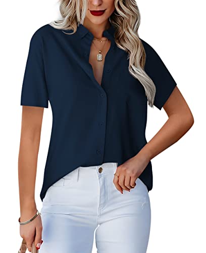 Homlan Damen Bluse V-Ausschnitt Hemd Kurzarm Elegant Lässige Oberteile Knopfleiste Hemdbluse Arbeit Einfarbig Kurzarm Shirt mit Brusttaschen (Medium, Dunkelblau) von Homlan