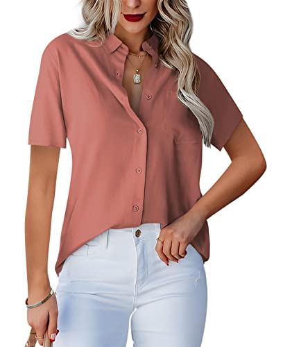 Homlan Damen Bluse V-Ausschnitt Hemd Kurzarm Elegant Lässige Oberteile Knopfleiste Hemdbluse Arbeit Einfarbig Kurzarm Shirt mit Brusttaschen (Medium, Orange) von Homlan