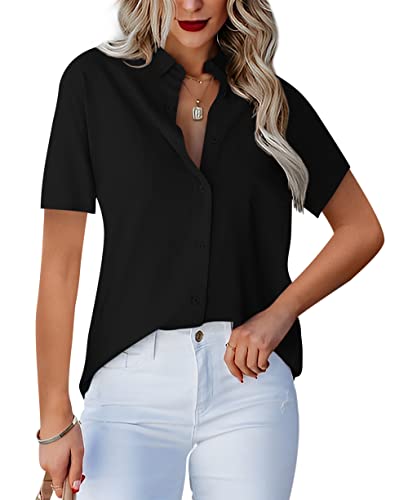 Homlan Damen Bluse V-Ausschnitt Hemd Kurzarm Elegant Lässige Oberteile Knopfleiste Hemdbluse Arbeit Einfarbig Kurzarm Shirt mit Brusttaschen (Medium, Schwarz) von Homlan