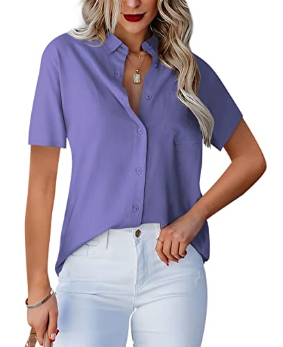 Homlan Damen Bluse V-Ausschnitt Hemd Kurzarm Elegant Lässige Oberteile Knopfleiste Hemdbluse Arbeit Einfarbig Kurzarm Shirt mit Brusttaschen (Medium, Violett) von Homlan