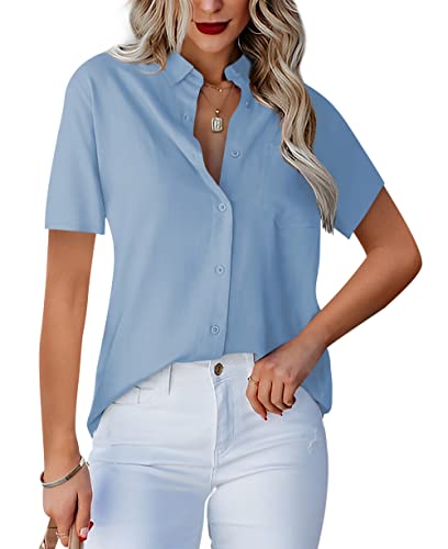 Homlan Damen Bluse V-Ausschnitt Hemd Kurzarm Elegant Lässige Oberteile Knopfleiste Hemdbluse Arbeit Einfarbig Kurzarm Shirt mit Brusttaschen (Small, Hellblau) von Homlan
