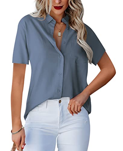 Homlan Damen Bluse V-Ausschnitt Hemd Kurzarm Elegant Lässige Oberteile Knopfleiste Hemdbluse Arbeit Einfarbig Kurzarm Shirt mit Brusttaschen (X-Large, Blau Grau) von Homlan