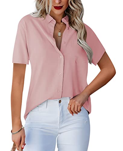 Homlan Damen Bluse V-Ausschnitt Hemd Kurzarm Elegant Lässige Oberteile Knopfleiste Hemdbluse Arbeit Einfarbig Kurzarm Shirt mit Brusttaschen (XX-Large, Rosa) von Homlan