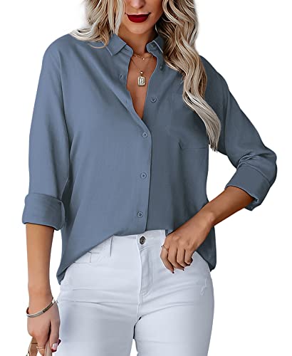 Homlan Damen Bluse V-Ausschnitt Hemd Langarm Elegant Lässige Oberteile Knopfleiste Hemdbluse Arbeit Einfarbig Langarmshirt mit Brusttaschen (Large, Blau Grau) von Homlan