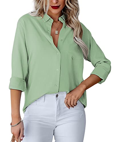 Homlan Damen Bluse V-Ausschnitt Hemd Langarm Elegant Lässige Oberteile Knopfleiste Hemdbluse Arbeit Einfarbig Langarmshirt mit Brusttaschen (Large, Bohnengrün) von Homlan